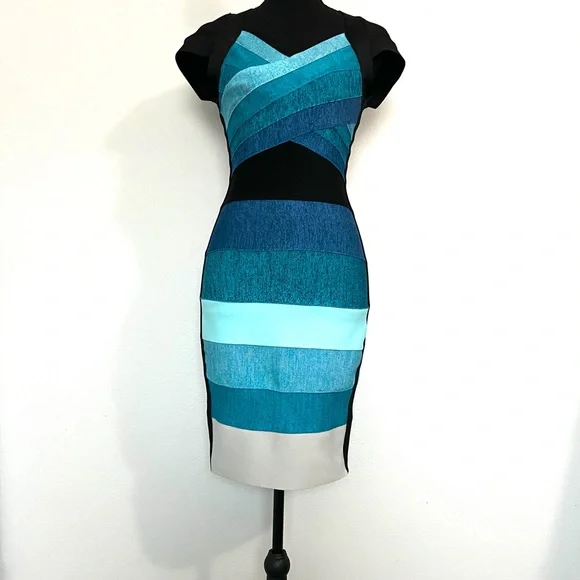 VENUS Teal and Black Striped Bandage Midi Dress - Picture 8 of 13